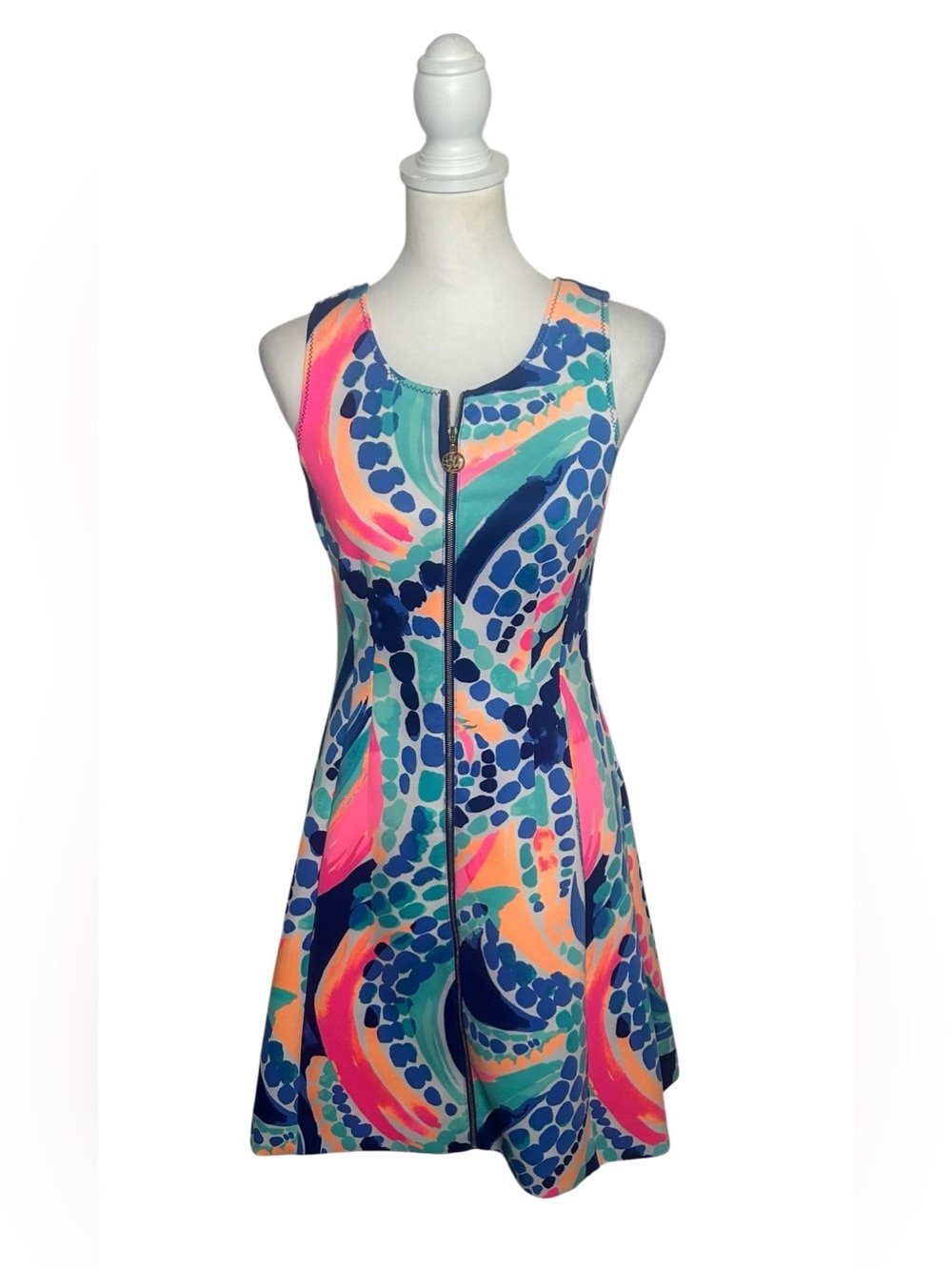 Lilly Pulitzer Sally Scuba Knit Zip Fit & Flare Dress Ocean Jewels EUC Sz S